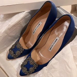 Monolo Blahnik Blue Satin Hangisi Crystal Buckle Pumps in Size 36